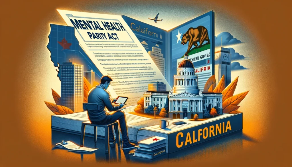 Person in California researching the Mental Health Parity Act, with elements symbolizing the state, highlighting equal mental health coverage and progressive policies.