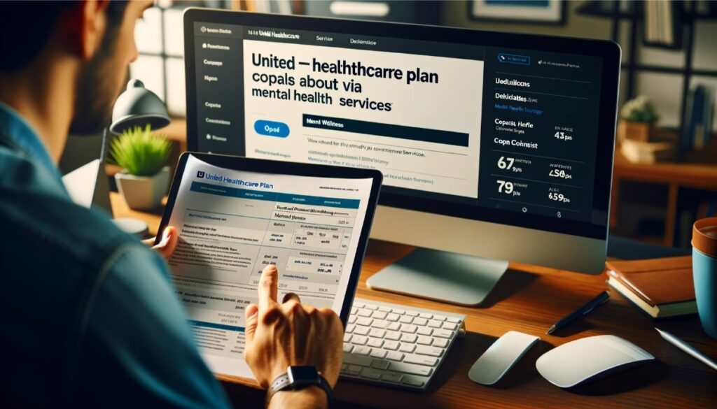 Person reviewing their UnitedHealthcare plan, focusing on Zoom Therapy mental health services, in a home office setting, highlighting informed healthcare decisions.