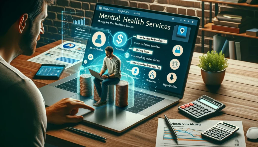 Individual managing healthcare expenses for mental health services, using digital platforms, HSAs, sliding scale fees, and different health insurance options shown in a home setting with financial tools.