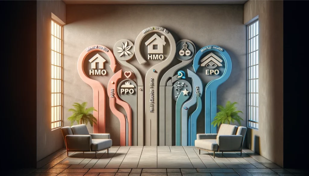 Abstract image representing HMO, PPO, EPO health insurance plans for mental health, using symbolic paths, doorways, and colors to highlight differences and access.