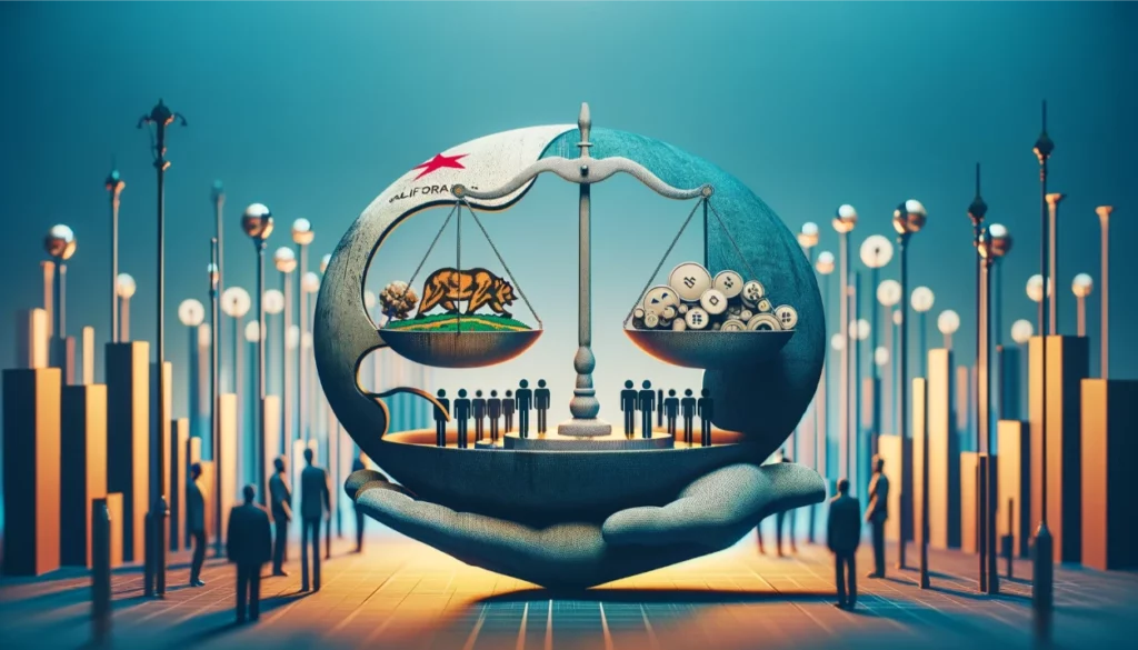 Symbolic image depicting California's mental health coverage under the Mental Health Parity Act, using balanced scales or harmonious elements to show parity.